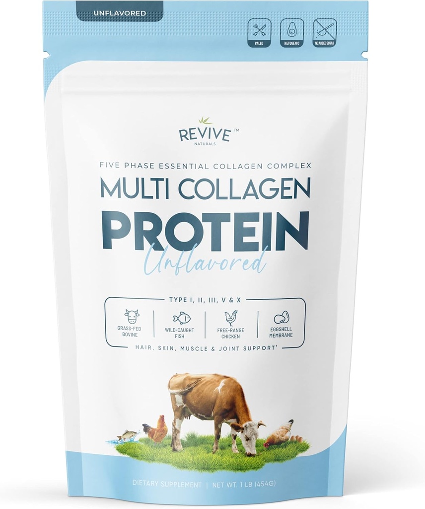 Multi kolagen hydrolyzovaný proteinový prášek (16oz) - Typy I, II, III, V & X - Tráva Fed Bovine (Peptan ®), Wild Caught Marine, Free Roaming Chicken & Eggshell Collagen Peptides, Non- GMO, GF.
