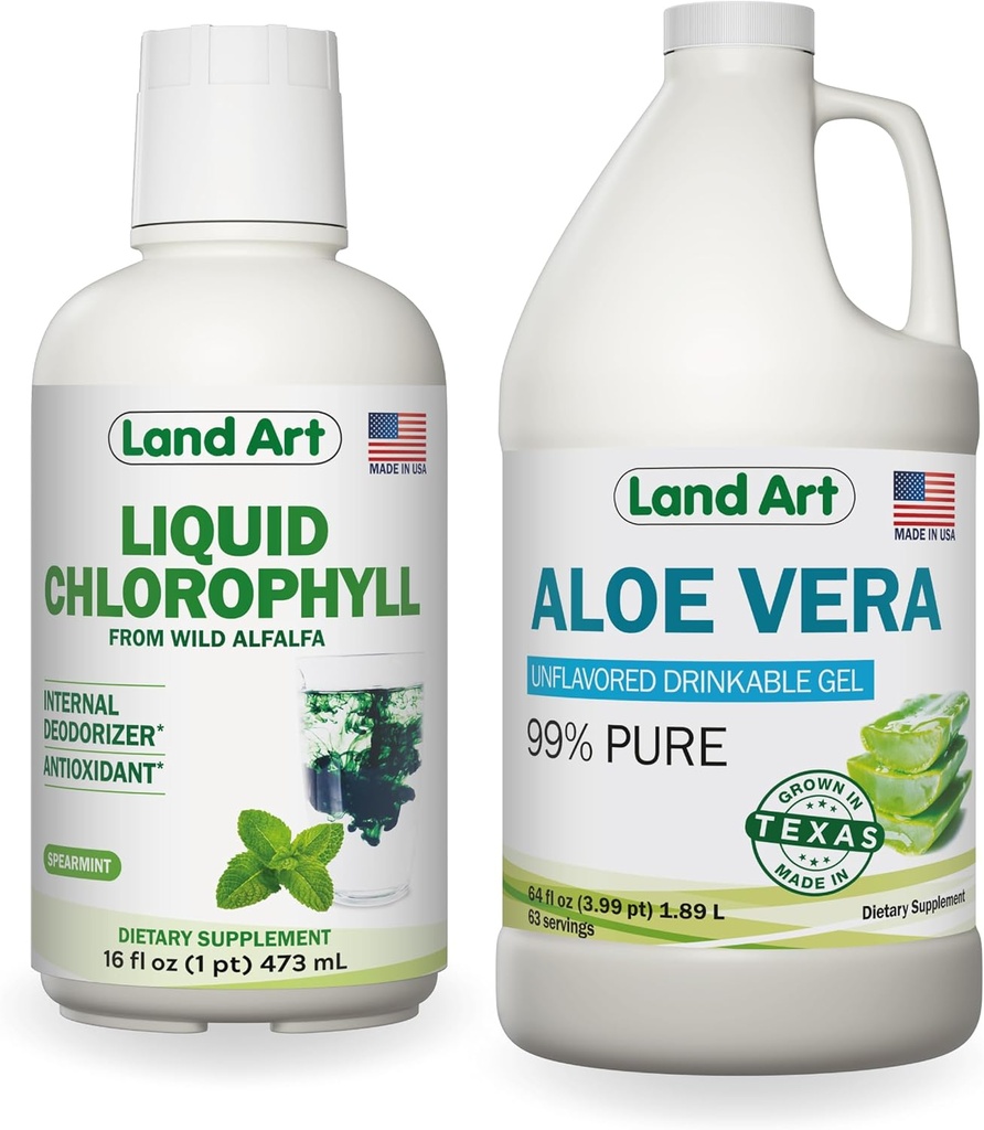 Land Art Aloe Vera Drinkable Gel Unflafedored 64 fl oz + Liquid Chlorofil Mint Flavored 16 fl oz