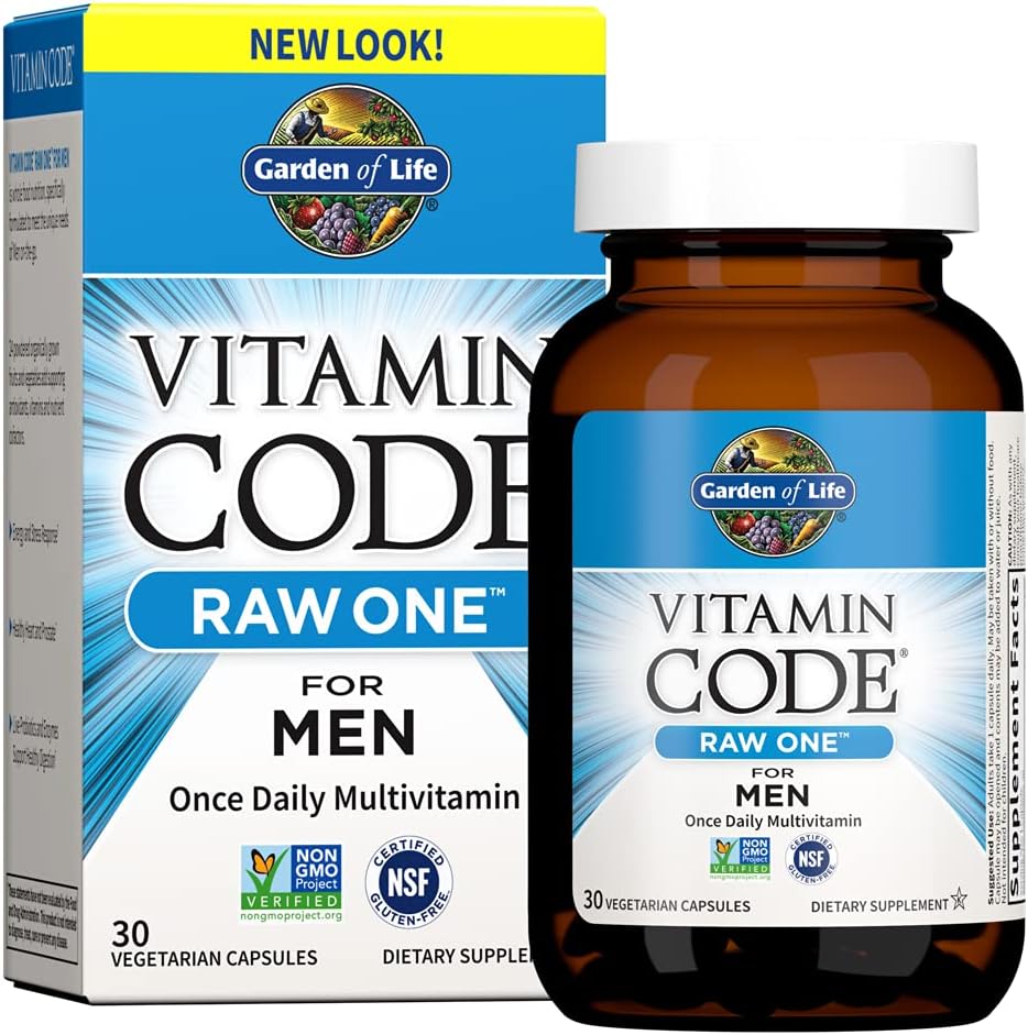 Jardín de la vida Código de vitaminas Raw One for Mens, Once Daily Multivitamin, 30 Capsules, One a Day Mens Vitamins Plus Fruit, Veggies & Probiotics for Mens Health, Vegetarian Multivitamins