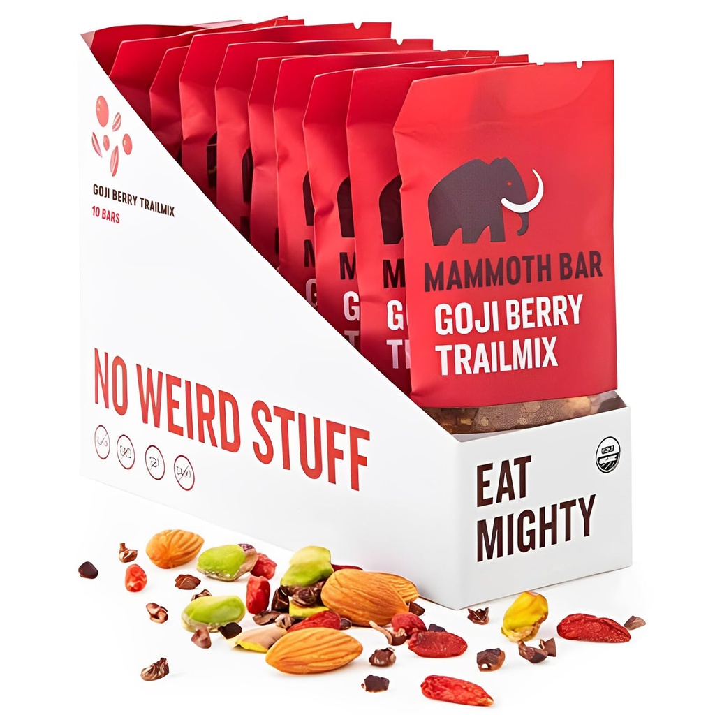 Mammoth Bar Goji Berry Trail Mix - 10 Organic Protein Bars –High Fiber • Paleo • Gluten Free • Egg Protein • GMO Free • Raw • Premium Nuts • Prebiotic