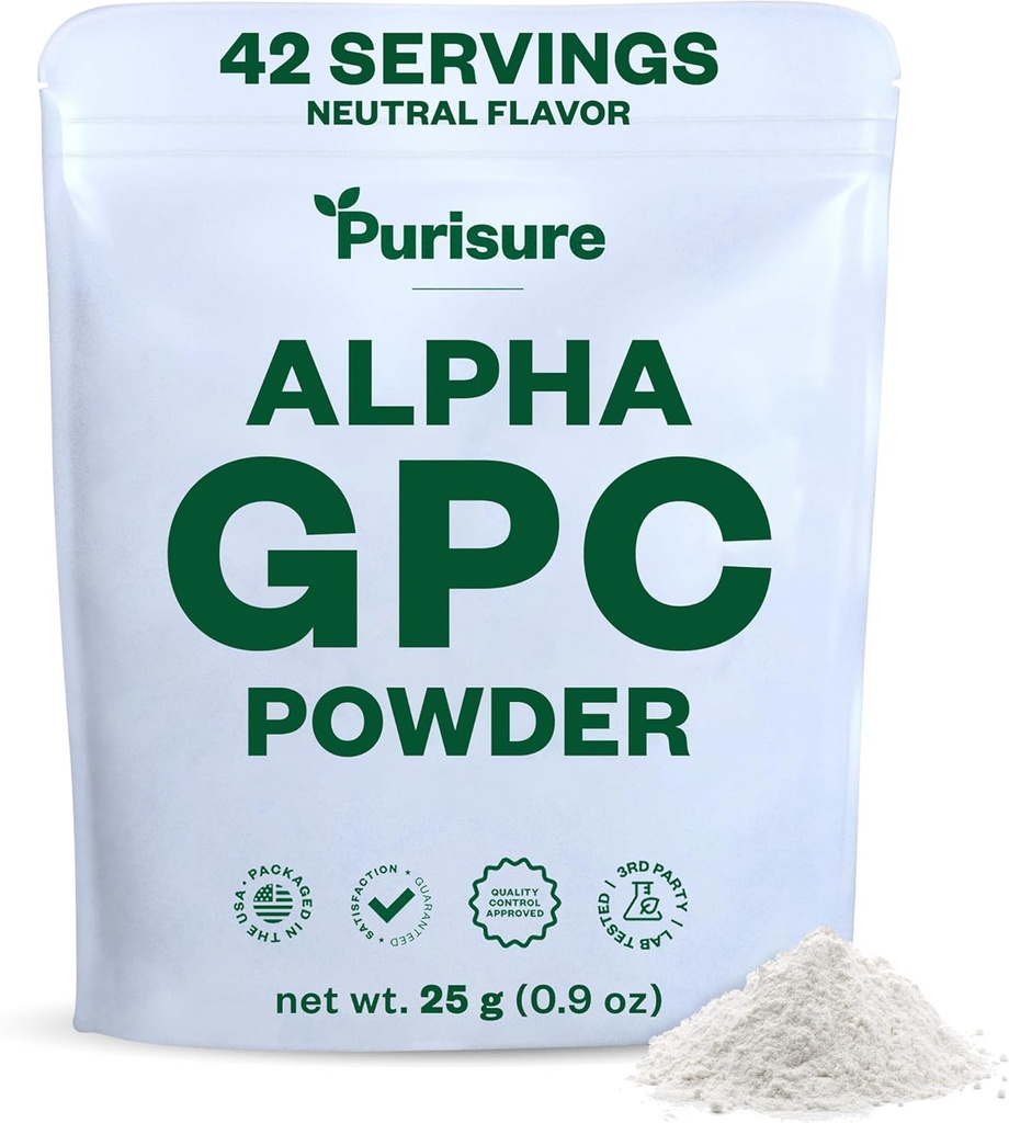 אבקת Purisure Alpha GPC, 25 גרם, Pure Alpha GPC Choline תוסף עבור המוח להתמקד, CDP Choline תוספי עבור ביצועי זיכרון וריכוז, No Fillers, non-GMO, מציעה 42 משרתים