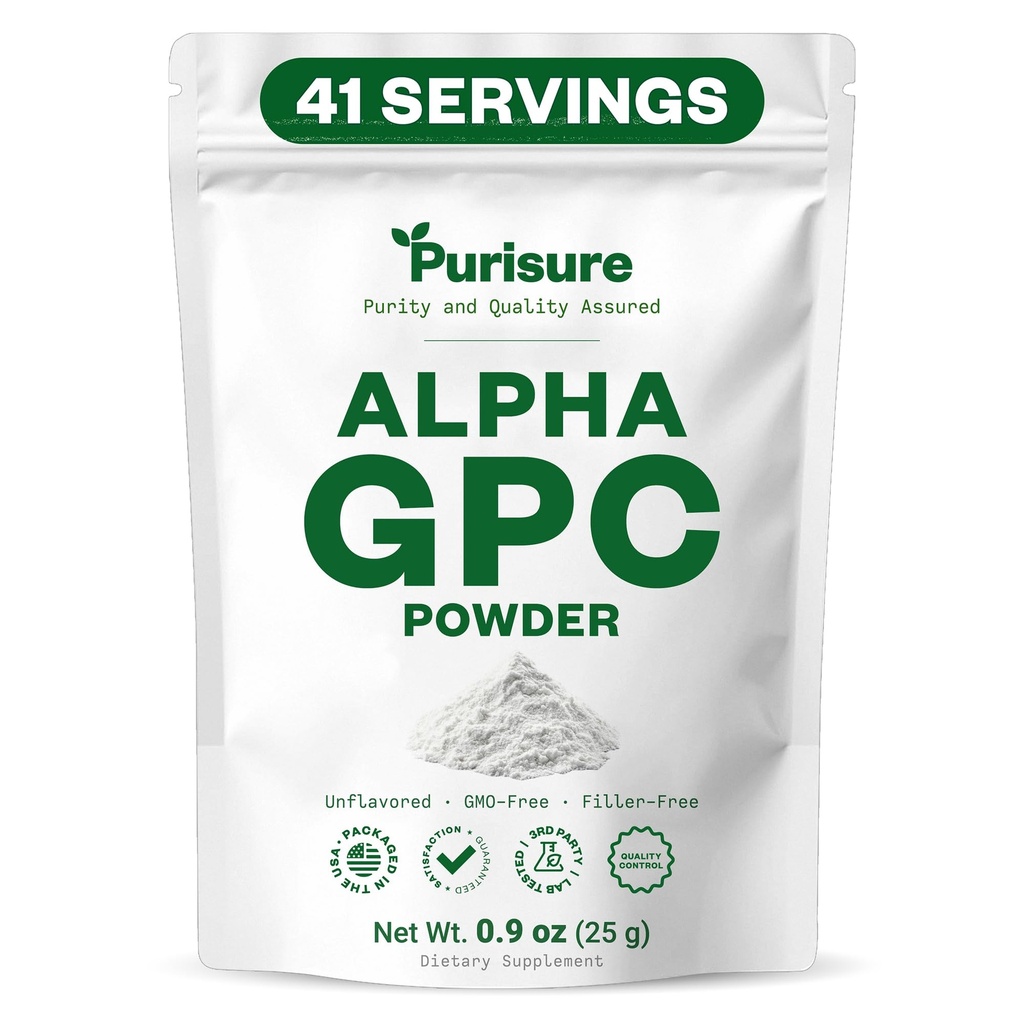 Purisure Alpha GPC Powder, 25 g, Pure Alpha GPC Choline Supplement for Brain and Focus, CDP Choline Supplements for Memory Performance & Concentration, No Fillers, Non-GMO, Offers 41 Servings