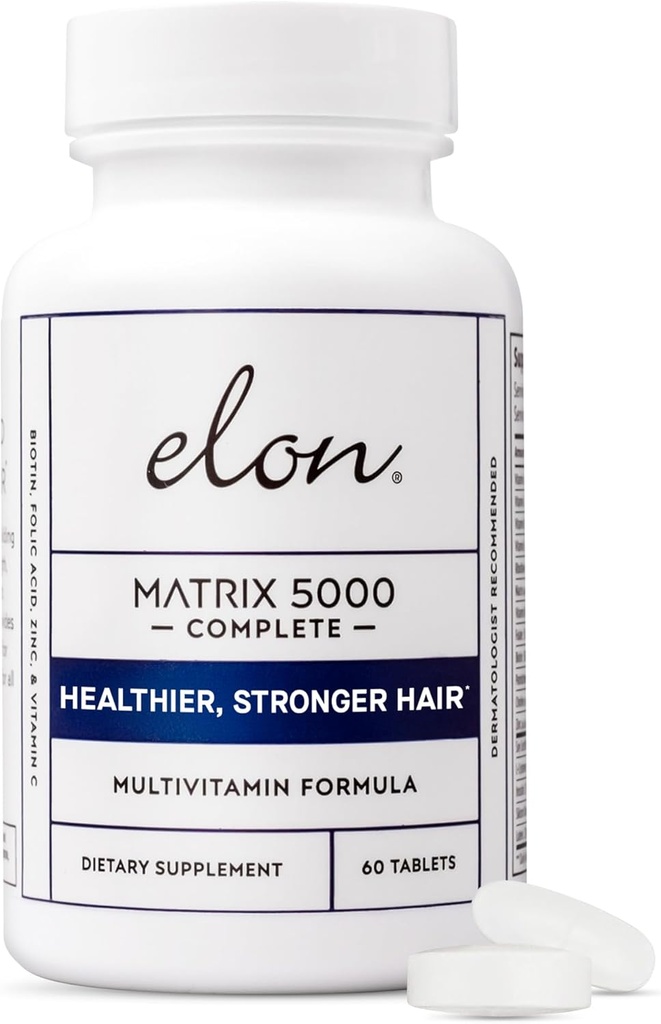 Elon Matrix 5000 Komplett multivitamin - Hud, hår och nageltillväxt vitaminer - Hälsosam hårtillväxt vitaminer för kvinnor och män - 5000Mcg Biotin Supplement (60 dagars leverans)