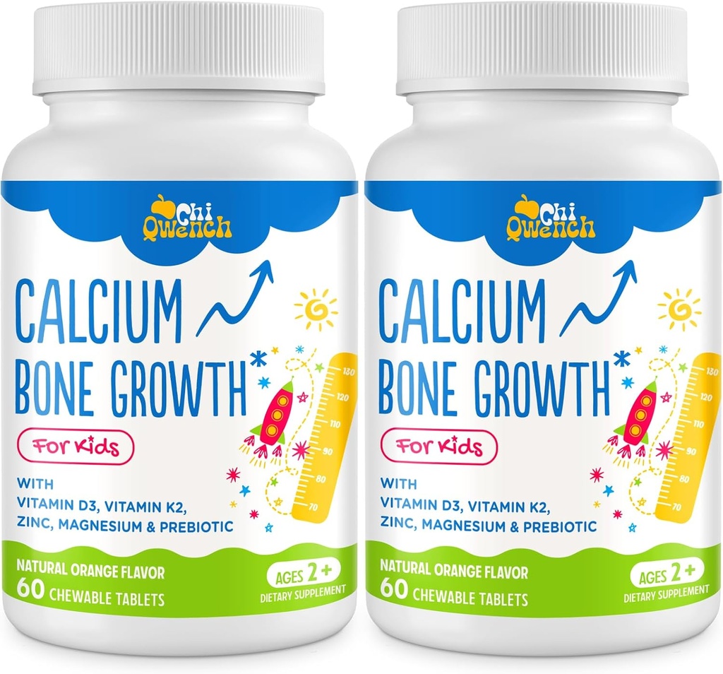500 MG Calcium Supplement with Vitamin D3 & K2, Zinc, Magnesium & Prebiotics. Kids Vitamins for Kids' Height. Bone Strength, High Absorption, Orange Chewables, Gluten Free, 120 Tabs