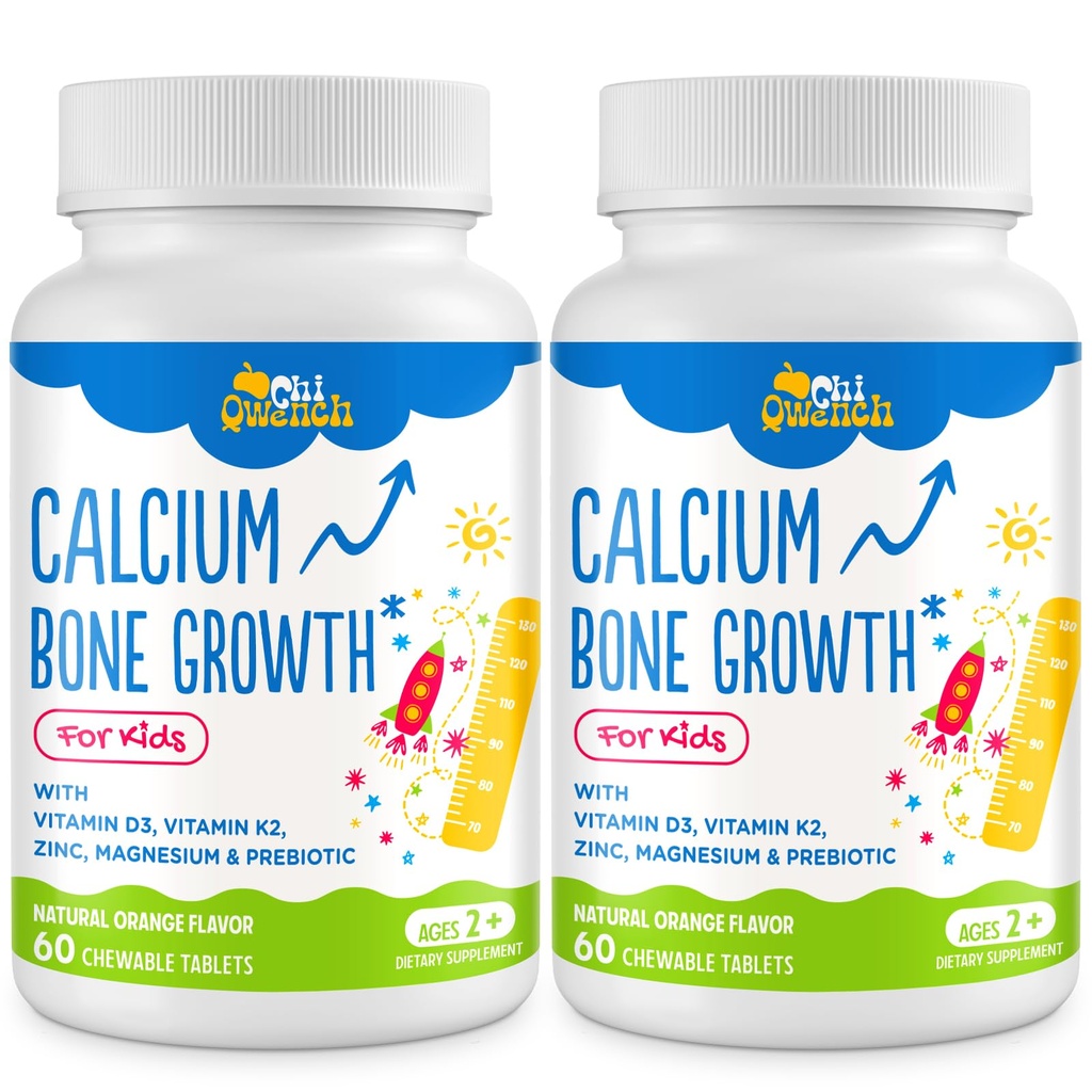 500 MG Calcium Supplement with Vitamin D3 & K2, Zinc, Magnesium & Prebiotics. Kids Vitamins for Kids' Height. Bone Strength, High Absorption, Orange Chewables, Gluten Free, 120 Tabs