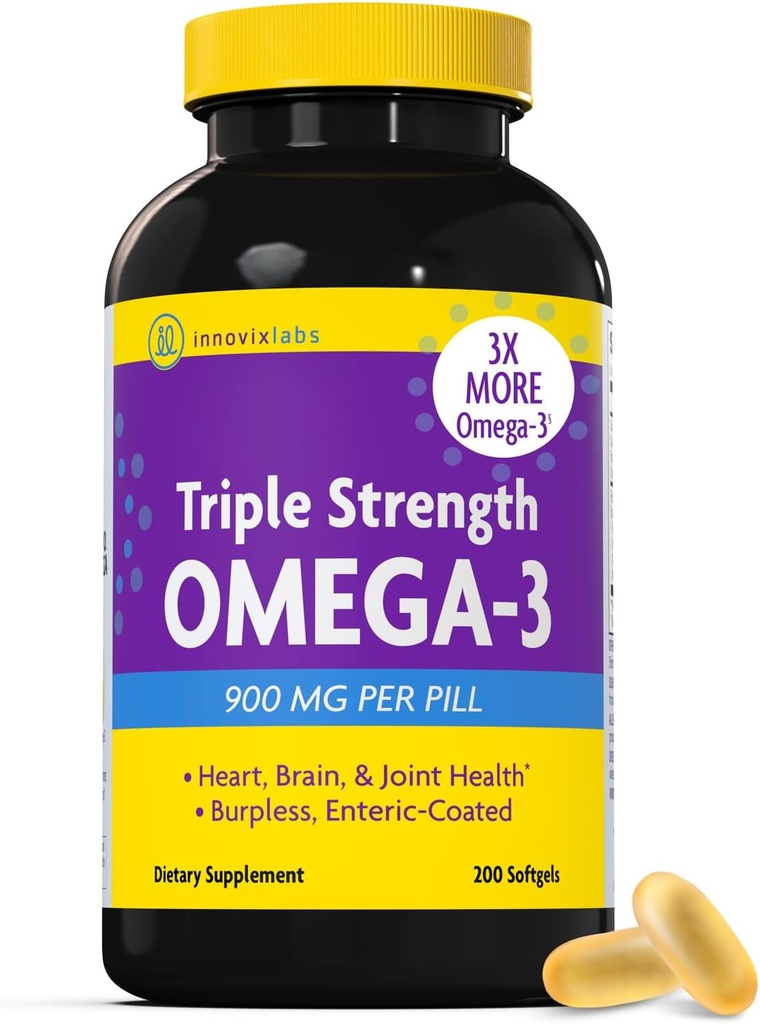 InnovixLabs Triple Strength Omega 3 Suplement, Olej z ryb Burless dla kobiet i mężczyzn - 900 mg EPA & DHA, Mózg & Joint Support, Nagroda Winning & Third- Party Tested, 200 Softgels