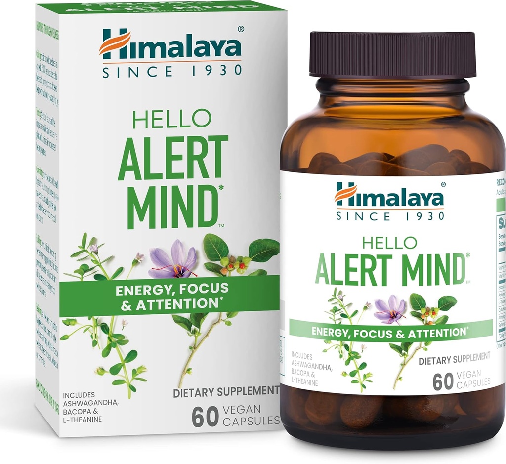 Himalaya Hello Alert Mind with L-Theanine, Ashwagandha, Bacopa, B6-vitamiini & B12, for Energy, Focus & Account, Vegan, Gluteeniton, 60 kapselia