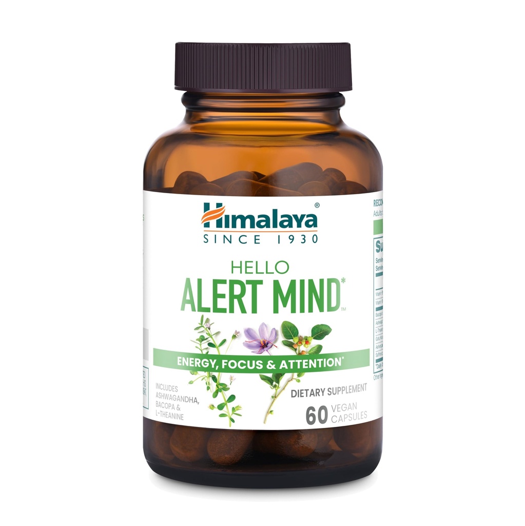Himalaya Hello Alert Mind with L-Theanine, Ashwagandha, Bacopa, Vitamin B6 & B12, for Energy, Focus & Attention, Vegan, Gluten Free, 60 Capsules