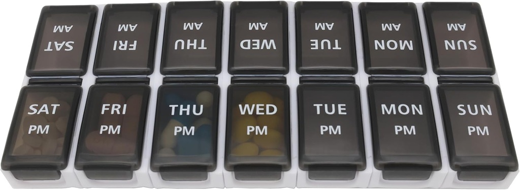 7 Day Weekly Pille AM PM Organizer, ShysTech Large Pill Case Pill Box for piller/Vitamin/Supplements/Medikasjon (parabel, liten svart)
