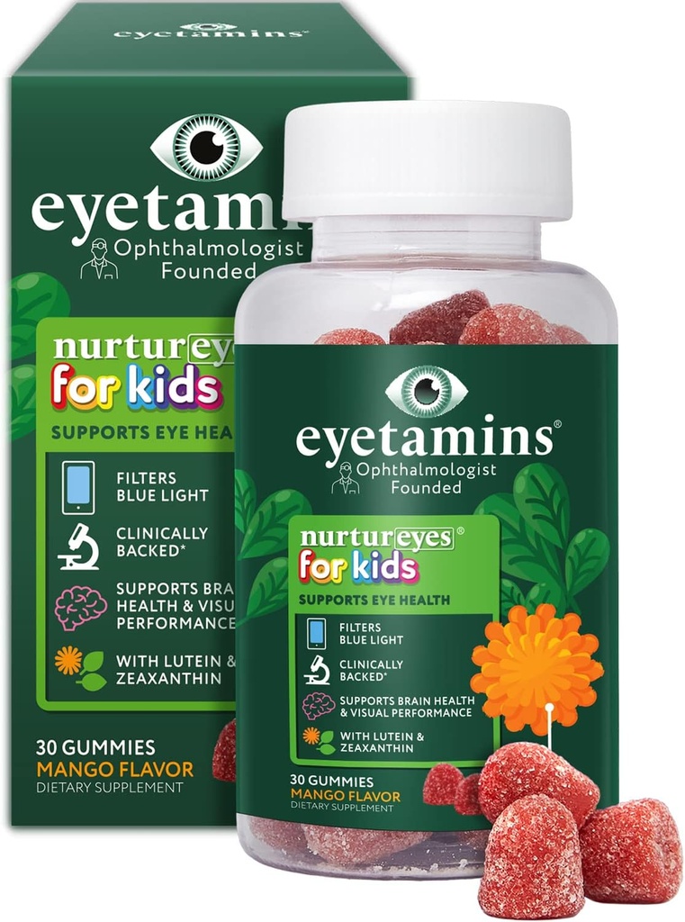 nurtamine Nurtureyes Eye Health Gummy pentru copii - 30 Easy-to-Chew, Mango Gummies - Oftalmolog - Create copii vitamine ochi - Natural, Vegan, și non-GMO Formula