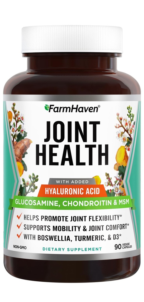 FarmHaven Glucosamine Chondroitin MSM with Boswellia, Turmeric| Added Hyaluronic Acid & Vitamin D3 | Promotes Joint & Muscle Health & Inflammation Response | Non-GMO & Gluten Free | 90 Capsules | Supports Joint Health and Healthy Inflammation Response - With Hyaluronic Acid and Vitamin D3; ; Non-GMO and Gluten-Free.