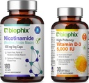 biophix B-3 Nicotinamide 500 mg 180 Vcaps Plus Vitamina D-3 5000 IU 30 Softgels - Nicotinic Amide Niacin Natural Flush-Free Vitamin Formula - Supporta la salute delle cellule della pelle