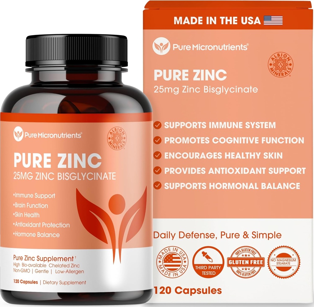 Pure Zinc Supplement 25mg - TRAACS Bisglicinato Quelato - 120 Cápsulas para Suporte Imune, Saúde da Pele e Energia - para Homens e Mulheres