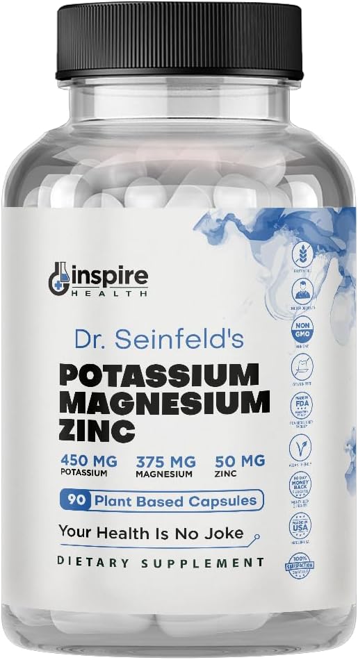 Suplemento de potasio de magnesio w/Zinc - 90 cápsulas - zinc de potasio de magnesio para a saúde vascular - Suplemento vegano de alta absorción para cangrexos de perna e sono Dr Seinfeld