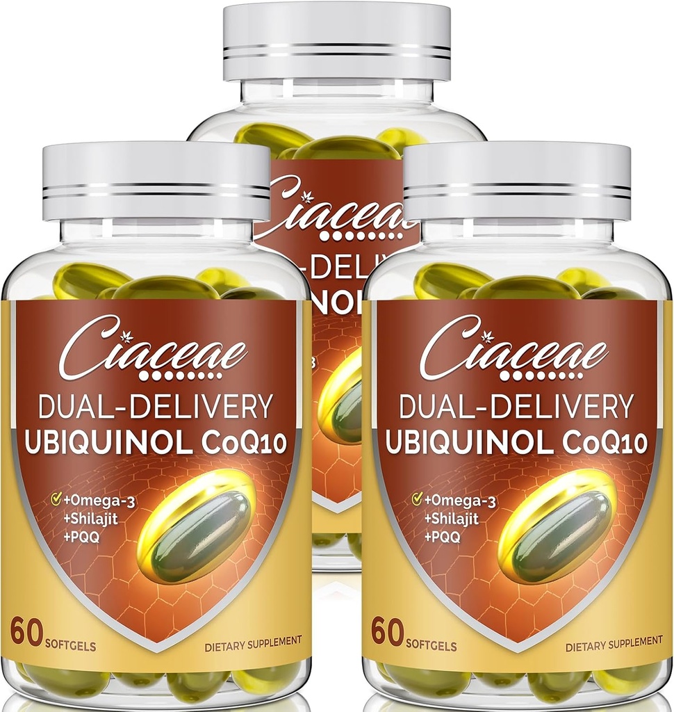Ubiquinol CoQ10 600 MG Softgels mit Omega-3 & Shilajit & PQ, Advanced Dual-Delivery Coenzyme-Q10, Active CoQ10 Ubiquinol Supplement für Fruchtbarkeit, Antioxidans, Herz, Gehirn & Energie, 180 Servietten
