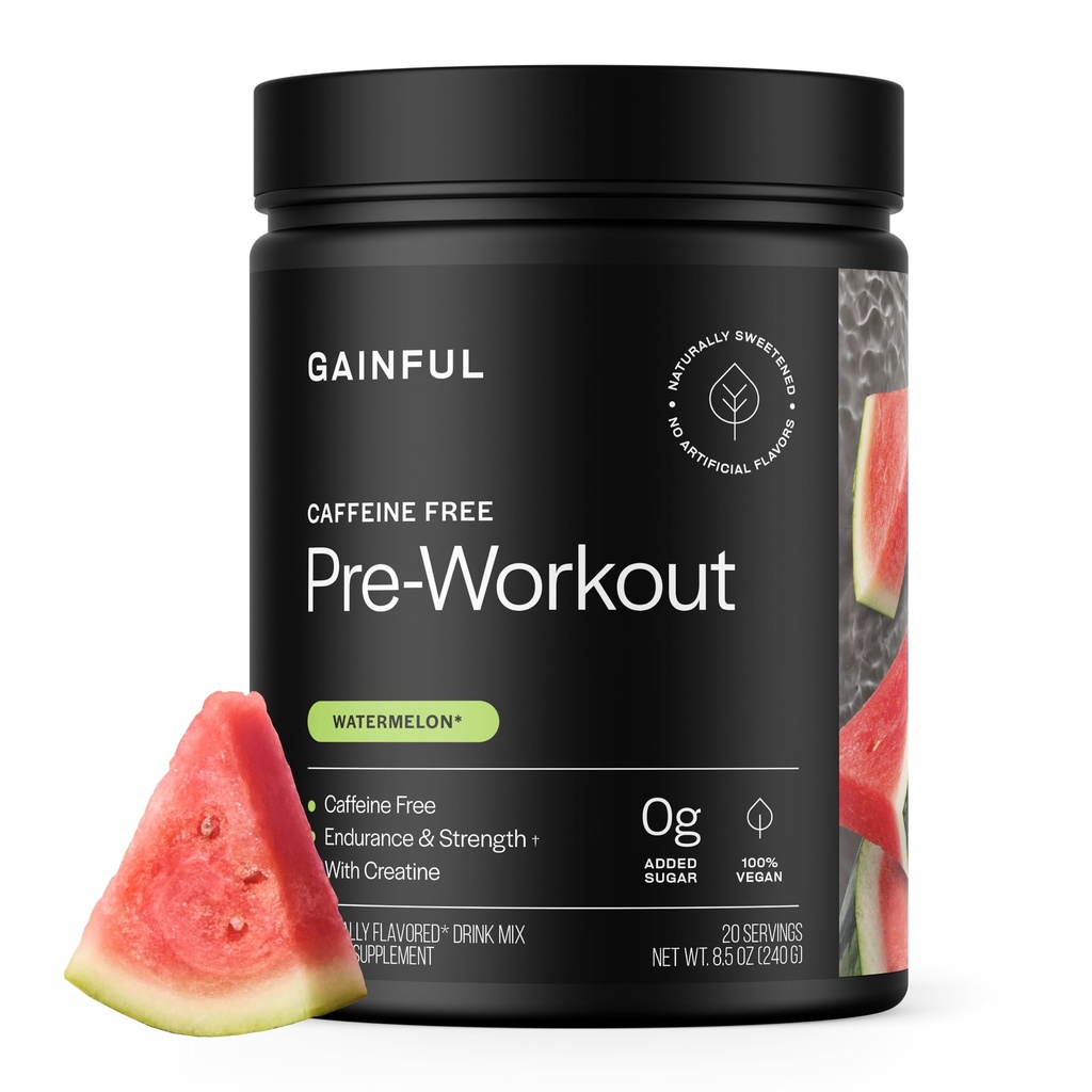 Gainful Caffeine Free Pre Workout Powder with Creatine, Watermelon Flavor, Supports Strength, Endurance, & Recovery, BCAAs, Beta Alanine, L-Citrulline, No Artificial Ingredients, 20 Servings