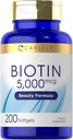 Carlyle Biotin 5000mcg Softgels Contagem de 200 Vitaminas para a pele do cabelo e unhas Não-GMO, Suplemento sem glúten