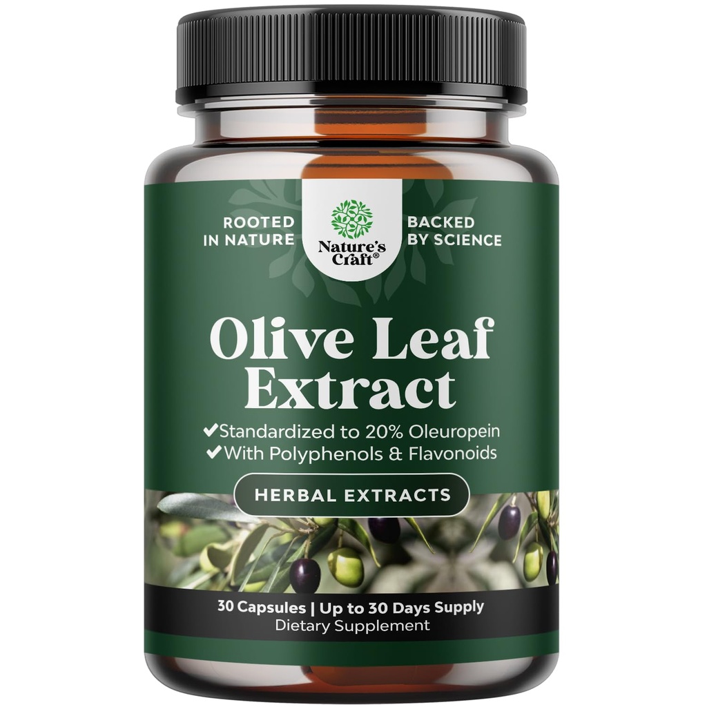 Potent Olive Leaf Extract Capsules - High Strength Antioxidant Supplement with Pure Olive Leaf with 20% Oleuropein - Herbal Heart Health Supplement - Vegan Non-GMO & Gluten Free - 30 Count