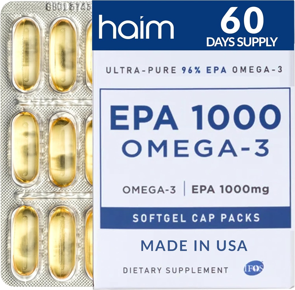 HAIM EPA1000 – High-Potency EPA Fish Oil Supplement – 1.100mg Omega-3 für Herz, Gehirn & Gelenke Gesundheit – Pharmaceutical-Grade Softgels – Pure, Burpless Capsules – 60 Softgels – Made in USA
