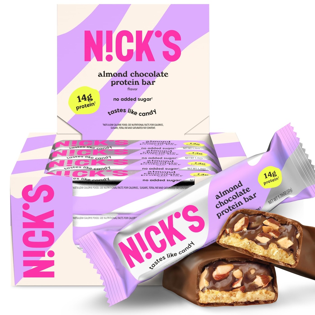 N!CK'S Protein Bars Almond Chocolate – 12-Count Box | Protein-Packed Snack, Low Calories, Low Carbs, Keto Friendly, No Added Sugar (12 bars x 50g)