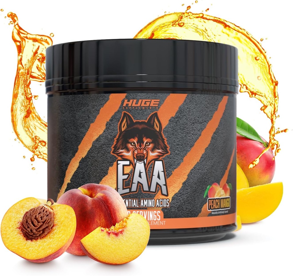 Supplemento EAA enorme, polvere di aminoacidi essenziale più elevata dosata, 12.8g EAAs & 8g BCAAs per il consumo, crescita del muscolo, recupero e prestazioni (Peach Mango)