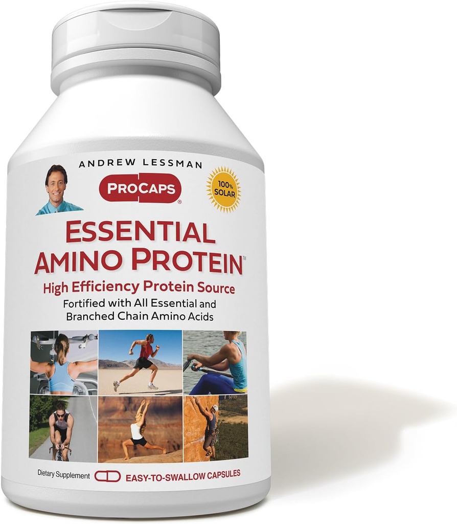 ANDREW LESSMAN Essential Amino Protein 180 Capsules - Source de protéines hautement biodisponibles avec acides aminés essentiels et ramifiés. Soutient la structure et la fonction des organes clés et des tissus.