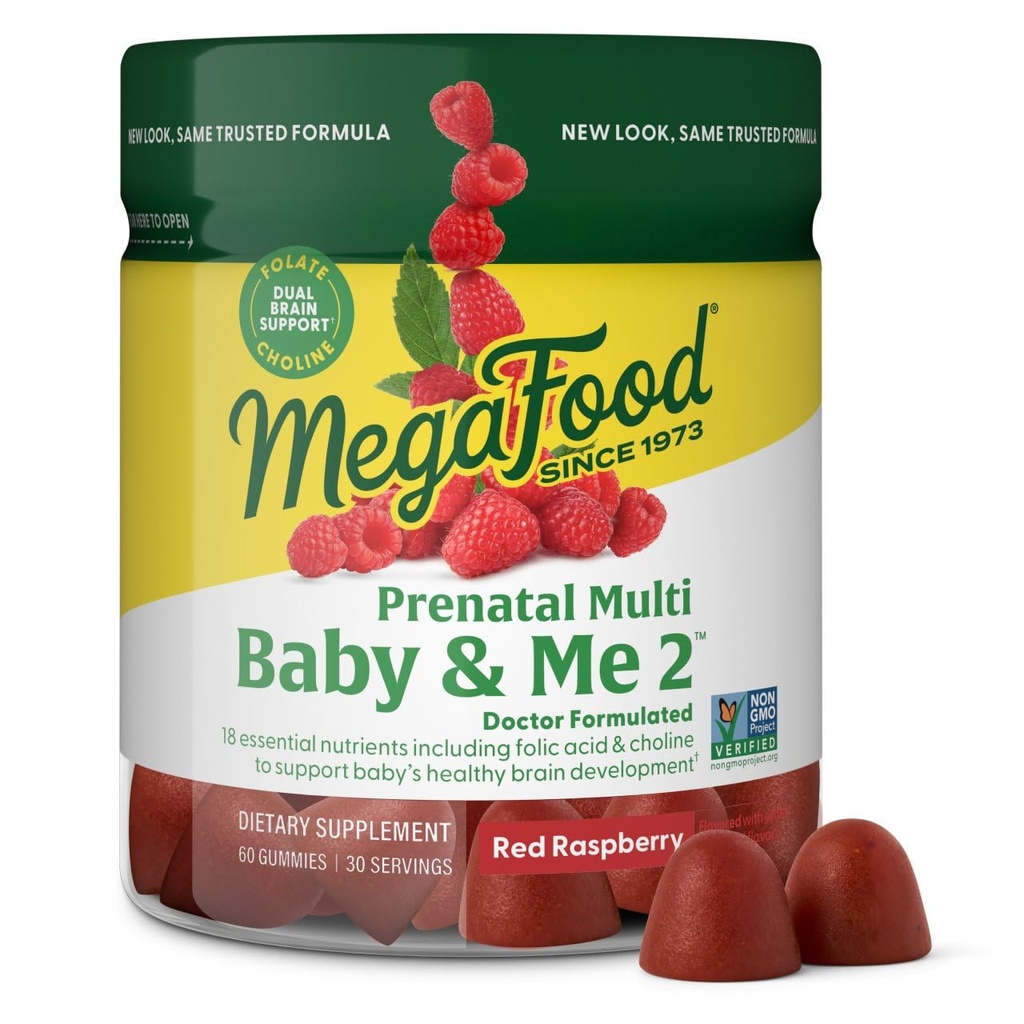 MegaFood Baby & Me 2 Prenatal Vitamins for Women Gummies with Folic Acid and Choline for Baby’s Brain Development; Plus Real Fruit- Red Raspberry Flavor - 60 Gummies (30 Servings)