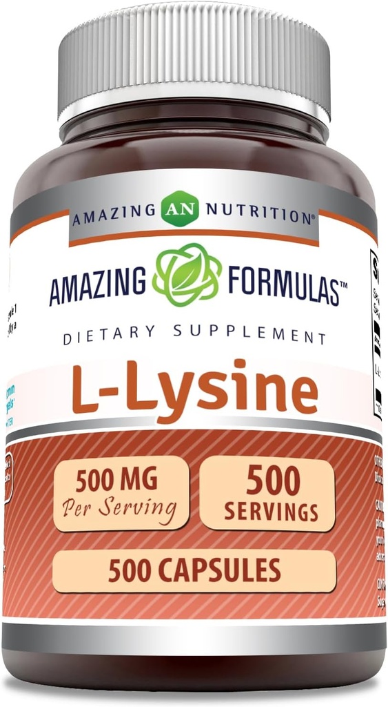 Fórmulas increíbles L-Lysine 500 mg Capsules Aminoácidos Suplemento TENIDO No-OMG TENIDO Gluten Gratis TENIDO EN USA (500 Conde)