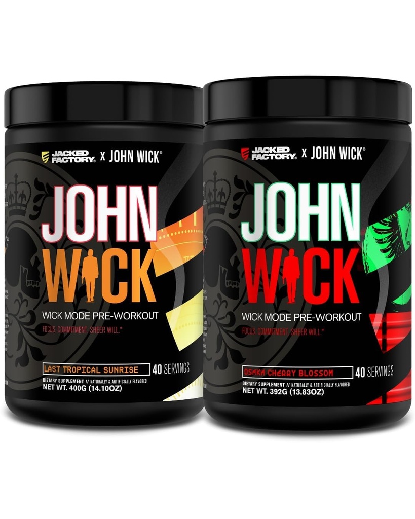 Jacked Factory X John Wick - Wick Mode Pre Workout Powder - Intense Energy, Battle-Ready Focus, Unstoppable Commitment, and Sheer Will - Last Tropical Sunrise & Osaka Cherry Blossom (80 Servings)