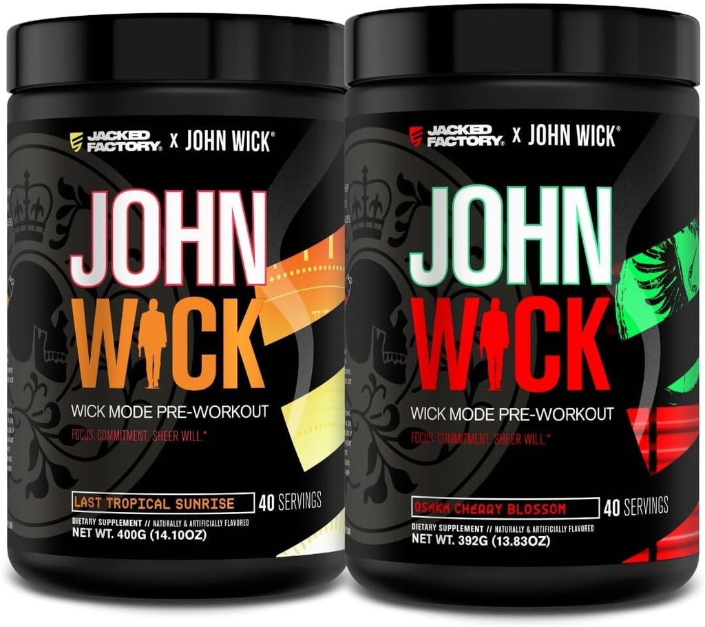 Jacked Factory X John Wick - Wick Mode Pre Workout Toz - Intense Energy, Battle-Ready Focus, Unstoppable Komitment, və Sheer Will - Son Tropik Sunrise & Osaka Cherry Çiçək (80 Xidmət)