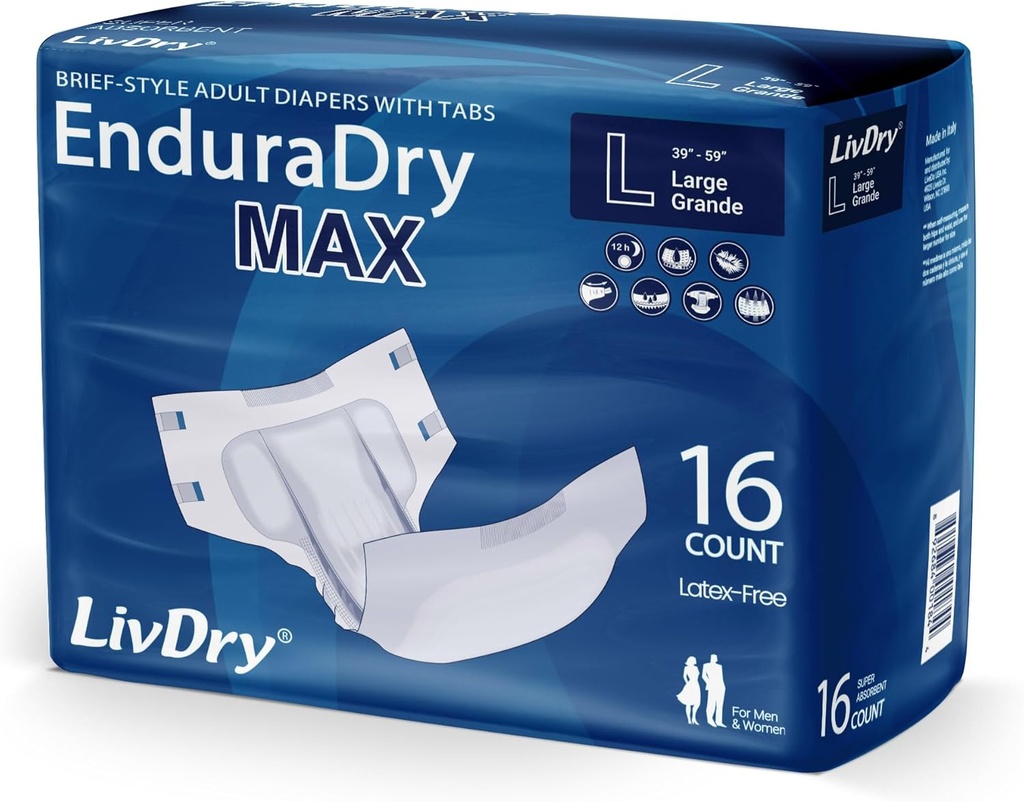 LivDry EnduraDry Max Dospívající Diapers s Tabs, Až 12 hodin, Super Absorbent Inkontinence spodní prádlo, Leak Protection Briefs, Velké, 16-Pack