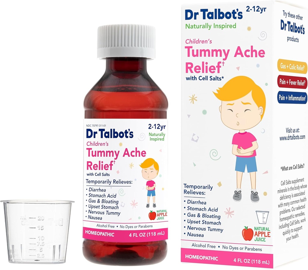 Dr. Talbot's Children's Tummy Ache Relief Medicine - 4 oz - inclúe Dosage Cup - durante 2-12 anos - Natural Apple Flavor (Packaging Varies)