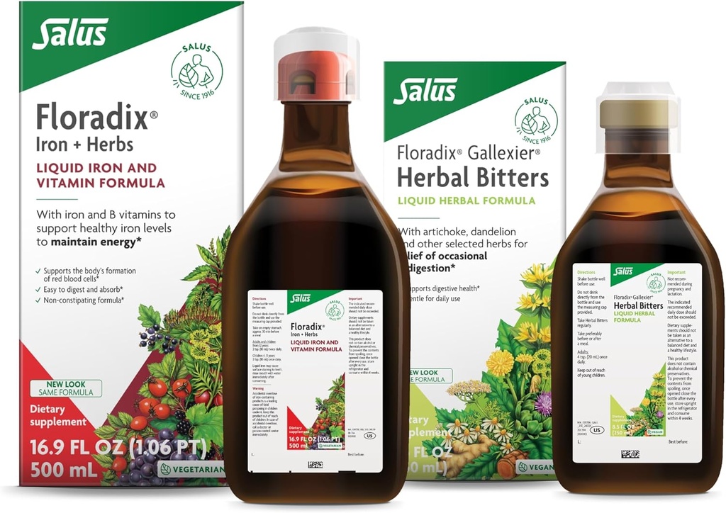 Floradix oleh Salus Galloser Herbal Bitters (8.5 oz) & Besi & Herbs (16.9 oz) Bundle - Herbal Bitter for Digetical Support *
