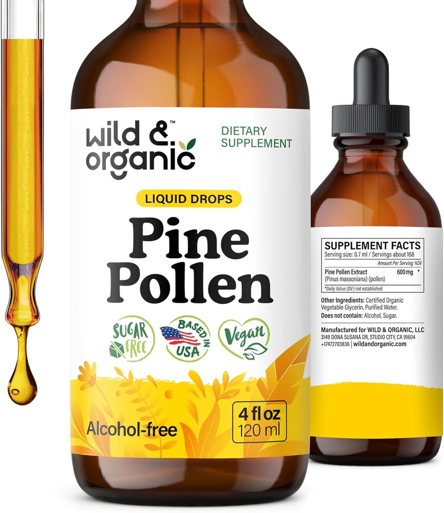 Wild & Organic Pine Pollen Tincture - Pine Pollen Powder Liquid Drops for Men & Women - Vegan, Sugar & Alcohol- Free Supplement - 4 fl oz