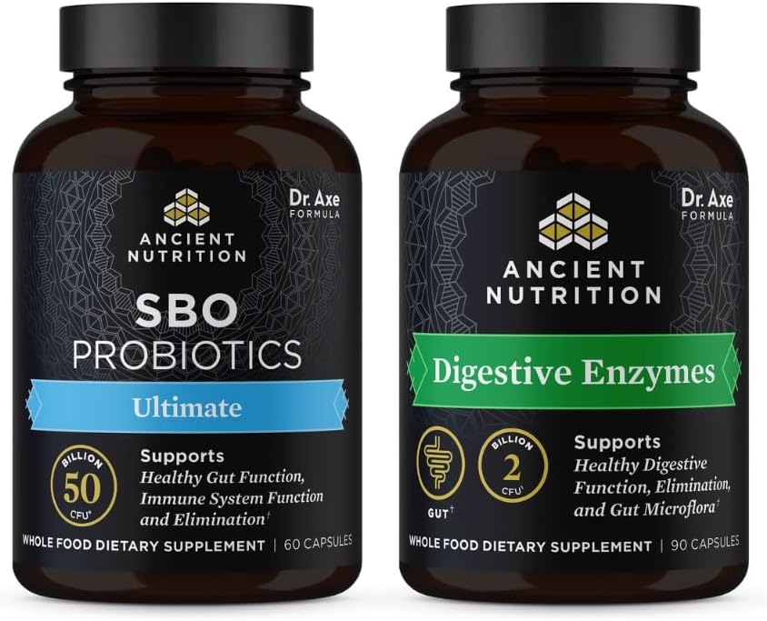 Ancient Nutrition SBO Probiotics Capsules, Ultimate, 60 Count + Digestive Enzymes Capsules, 90 Count
