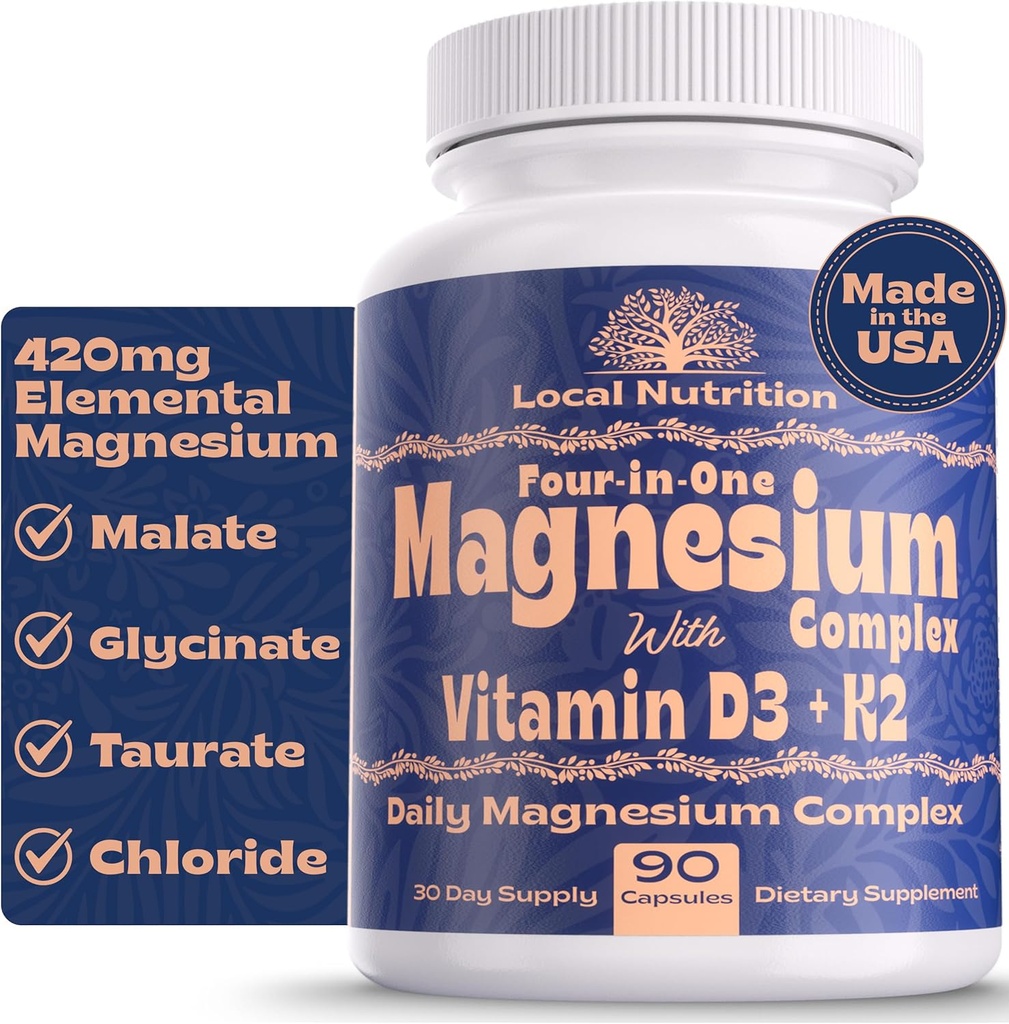 4 en 1 Magnesi complex 420mg amb vitamina D3 K2 - Premium Magnesi suplementari amb Magnesi Malatelate, Bisglycitiu (Glycinat), Taurte i Chlodude - 90 Capules van fer als EUA