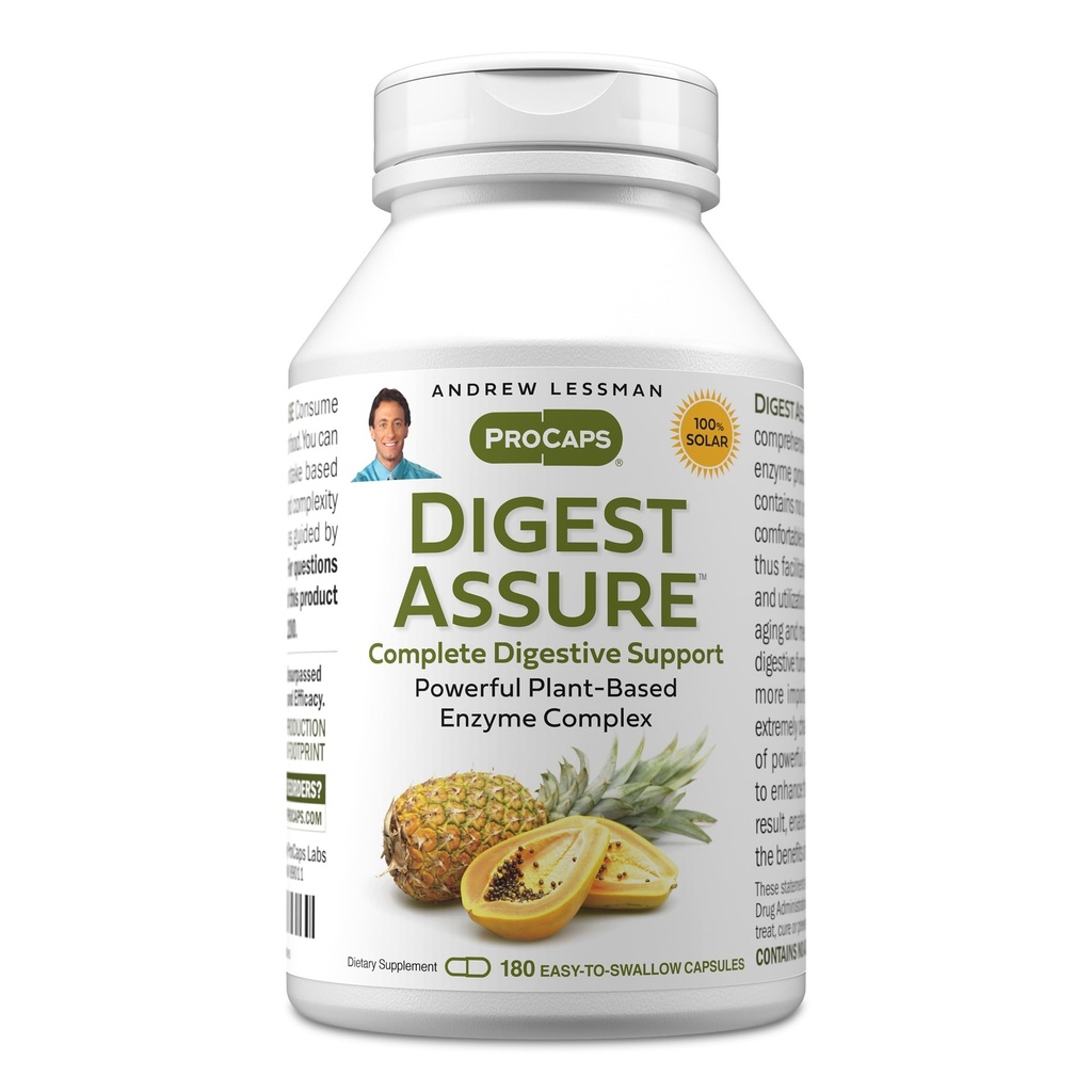 ANDREW LESSMAN Digest Assure 180 Capsules - Comprehensive Blend of Powerful Natural Enzymes to Support and Enhance Digestive Health, Vegetarian-Sourced Enzymes, Small Easy to Swallow Capsules