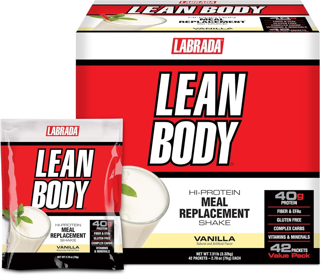 Labrada Lean Body MRP All- In- One Vanilla Meal endoproteinų purtyklė, 40g baltymų, išrūgų mišinys, 8g sveiki taukai EFA & Fiber, 22 Vitaminai ir mineralai, Nr dirbtinės spalvos, Gluten Free, (42 Paketai)