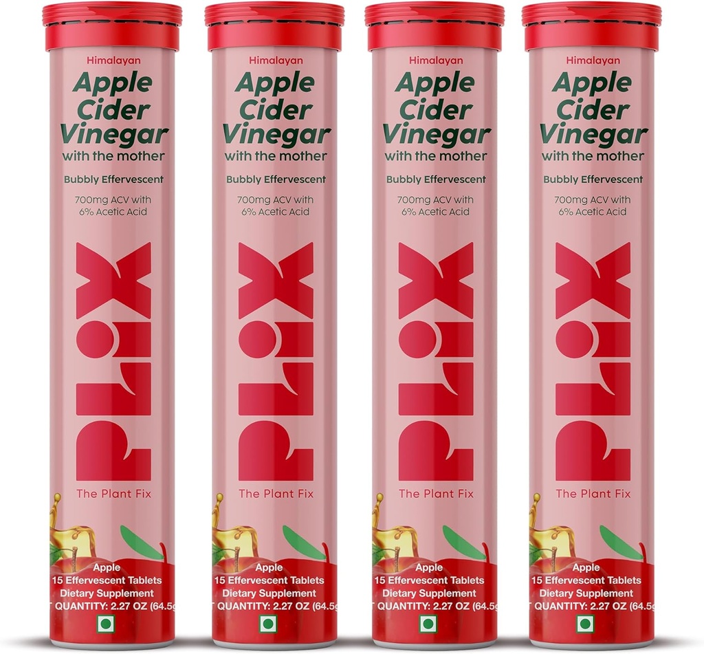 PLIX Apple Cider Vinegar Effervescent Tablets with the Mother, 700mg ACV VIT B12, B6, Pack of 4 | Vegan, No Added Sugar, Non-GMO & Gluten-Free