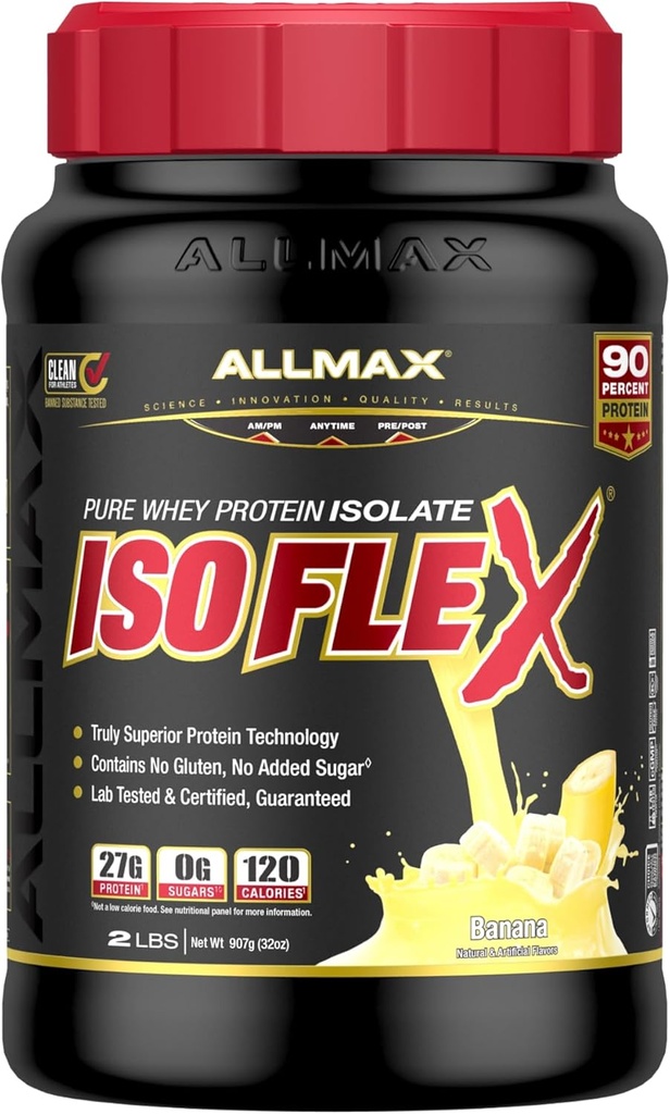 ALLMAX Nutrition ISOFLEX Whey Protein Isolate, banaani - 2 lb - 27 grammaa proteiinia per Scoop - nolla rasvaa ja sokeria - 99% Laktoositon - Gluteeniton & soijaton - Arvioitu 30 tarjoilu