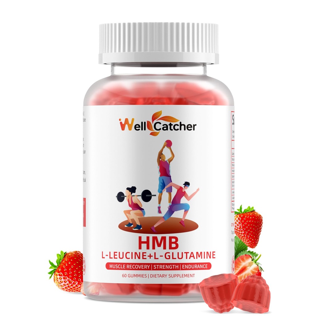 HMB and Leucine Amino Acid Gummies: HMB Supplements for Men Women with L-Glutamine for Muscle Growth Fast Workout Recovery, Sugar Free Vegan Non-GMO Strawberry Flavored 30 Day Supply