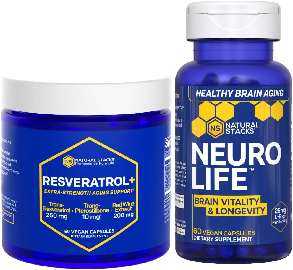 NATURAL STACKS NeuroLife & Resveratrol Supplement Bundle - unterstützt Langlebigkeit & Gehirnalterung* - 120 Gesamtkapseln
