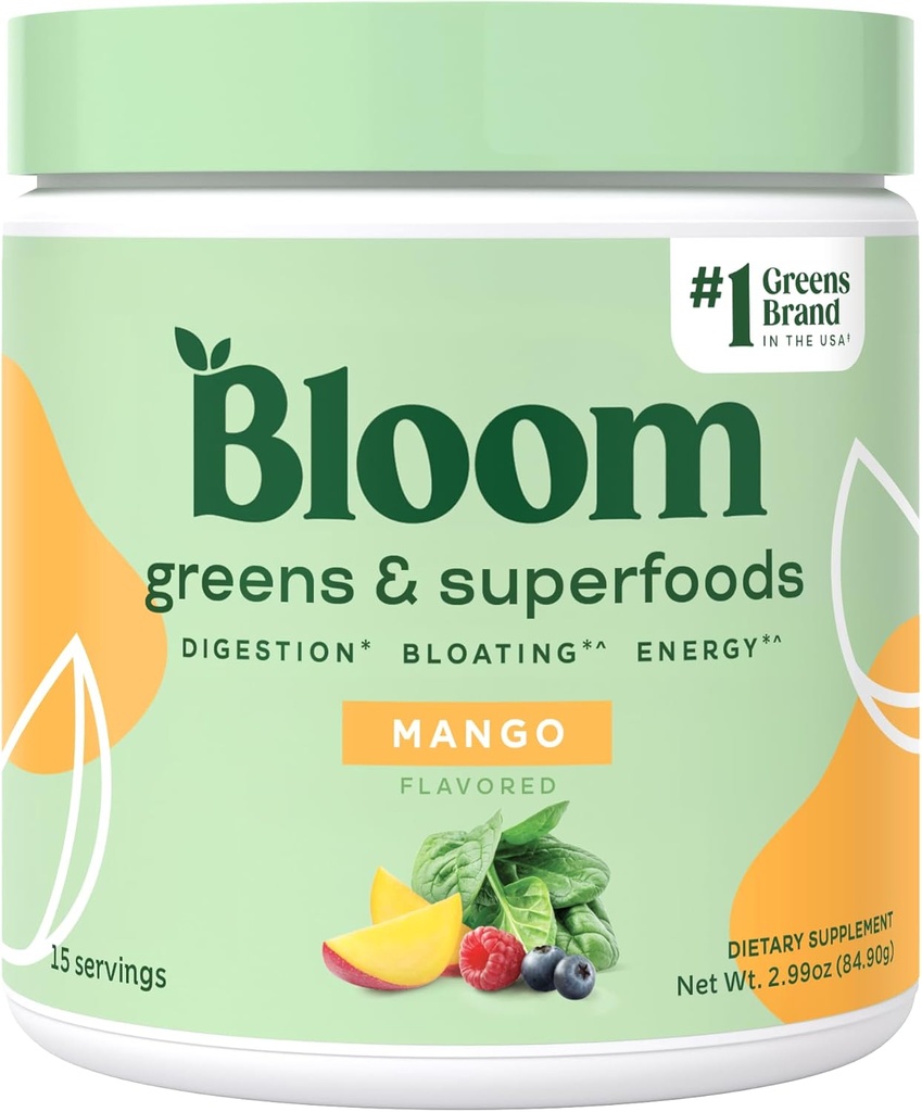 Bloom Nutrition Superfood Greens Powder, Digestive Enzymes w/Probiotics ' Prebiotics, Gut Health, Bloating Relief for Women, Chlorella, 15 SVG (15 Servings (Pack of 1), Mango)