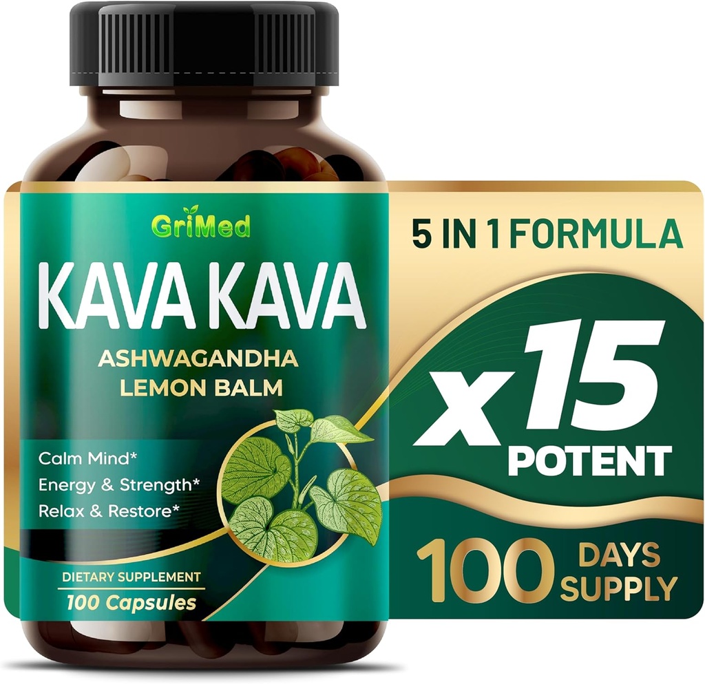 GriMed Kava Kava 19,700mg - X 15 Power met Ashwagandha Lemon Balm - Kracht, Relax, Herstel, Kalm - Made in USA (100 Count (Pack of 1))