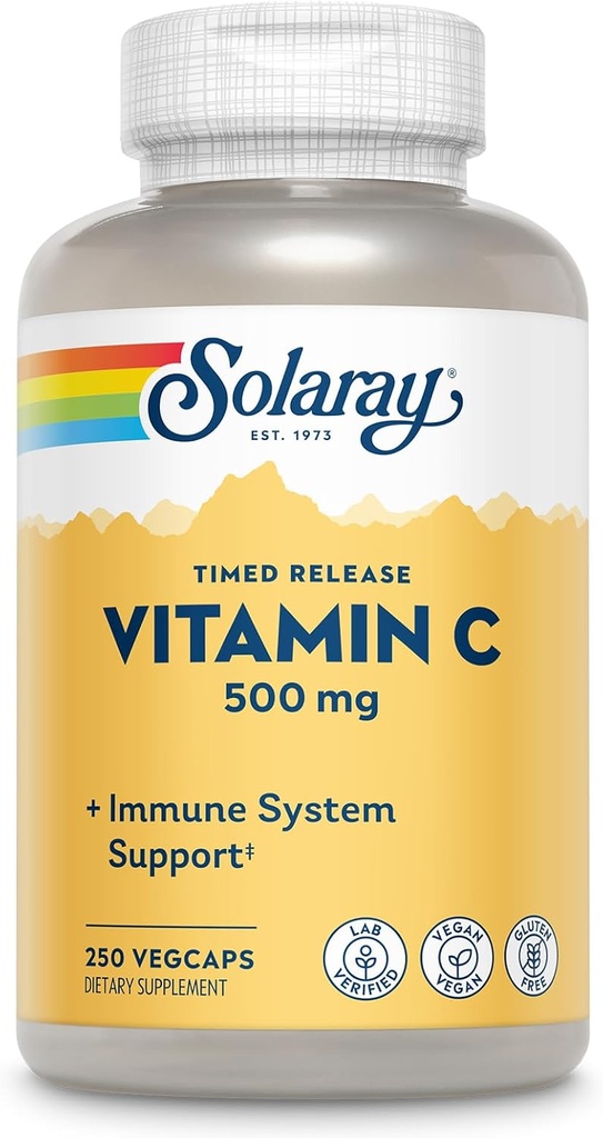 SOLARAY Vitamin C 500mg, Two-Stage Timed Release - Antiossidante e Immune Support Supplement - Vitamina C con Rose HIPS e Acerola, Vegan, Gluten Free, 60-Day Guarantee, 250 Servings, 250 VegCaps