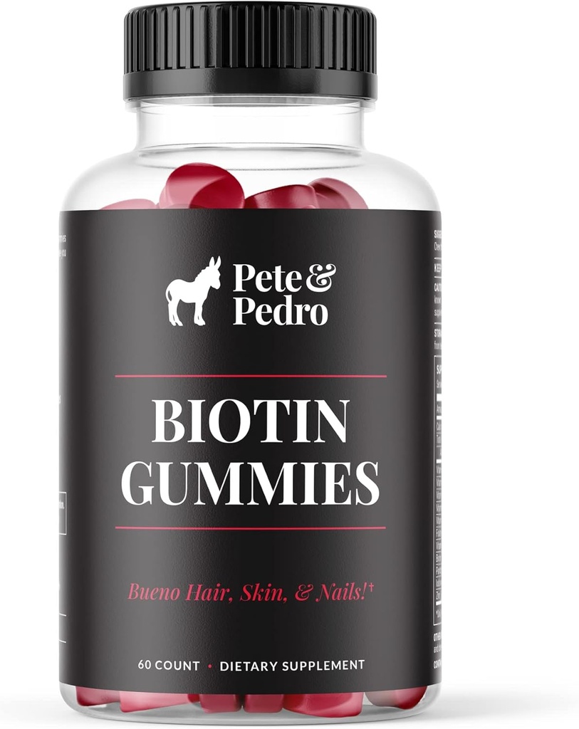 Pete & Pedro BIOTIN Gummies per capelli, pelle e crescita unghie per le donne e gli uomini |Hair crescere supplemento per la pelle più forte, & Nails | Cherry Biotin Gummy 5000mcg per servire | Visto su carro armato di squalo, 60 Conte
