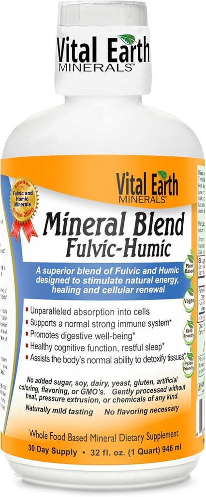 Vital Earth Minerals Fulvic Humic Mineral Blend Liquid – Fulvic Acid Supplement 70+ Trace Minerals, Electrolytes for Recovery, Balance & Energy, 32 Oz + 1 Oz Cup