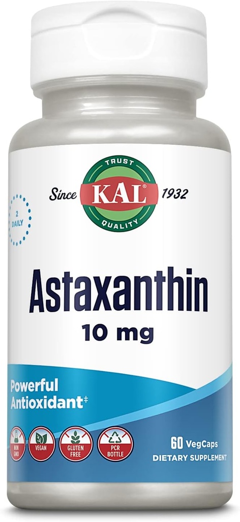 KAL Astaxanthin 10mg, kraftfulla antioxidanter tillskott, ögonhälsa och hjärntillskott, från naturligt växtkälla, icke-GMO, Vegan, glutenfri, 30 portioner, 60 VegCaps