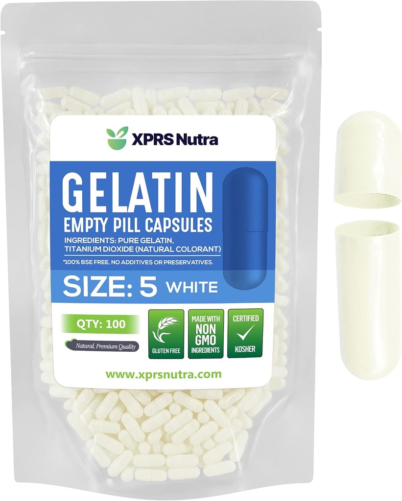 XPRS Nutra Taille 5 Capsules vides - 100 Compter Capsules de gélatine vides très petites - Pills Bricolage Capsule Remplissage - Gel de pilules rechargeables pour Do-It-Youlf Vitamine Supplements (White)
