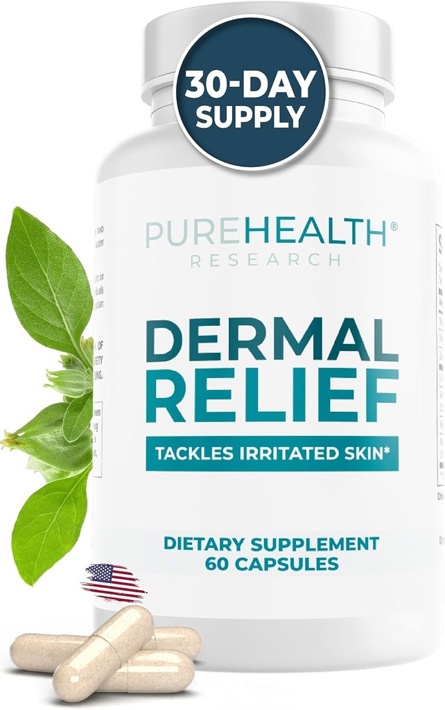 PUREHEALTH RESEARCH Dermal Relief supplements - for Irritated Skin, Eczema and Dermatitis with L-Histidine, Ashwagandha Root Extract, Rhodiola Crenulata, Vitamin D and E - 1 Bottle - 60 Capsules